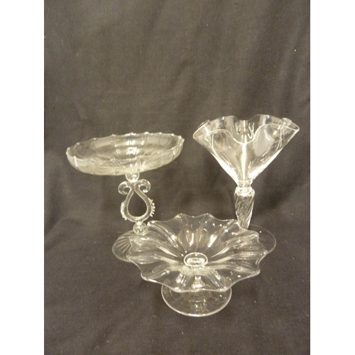 3 - Three James Powell & Sons glass tazzae, comprising a low tazza with circular wavy edge, 14.5 cm diam... 