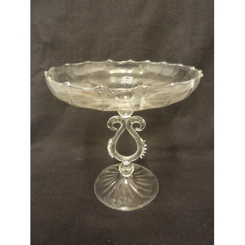 3 - Three James Powell & Sons glass tazzae, comprising a low tazza with circular wavy edge, 14.5 cm diam... 