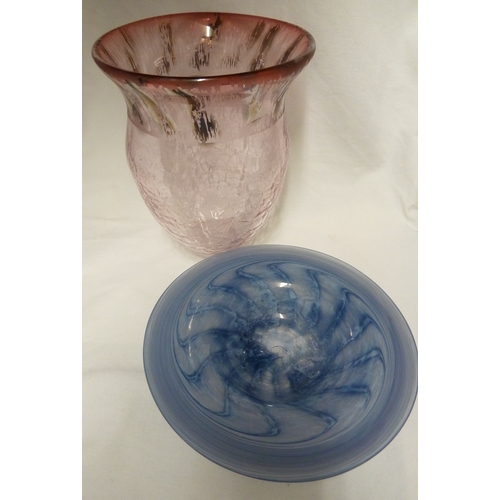 154 - Jane Charles - A pink crackle studio glass vase, 25cm high; and a Antony Stern blue glass swirl bowl... 