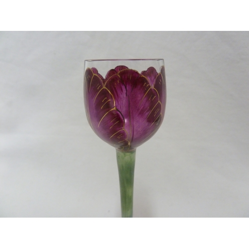 58 - A Continental Art Nouveau liqueur glass, finely enamelled in purple/pink to resemble a tulip flower,... 