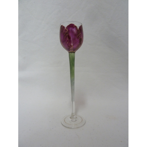 58 - A Continental Art Nouveau liqueur glass, finely enamelled in purple/pink to resemble a tulip flower,... 