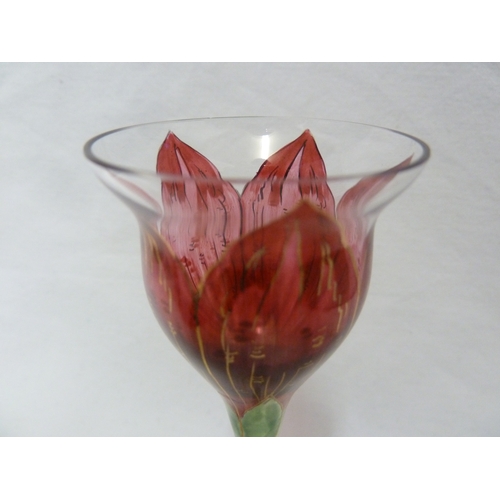 61 - A Continental Art Nouveau liqueur glass, finely enamelled in red to resemble a tulip flower, Meyr's ... 