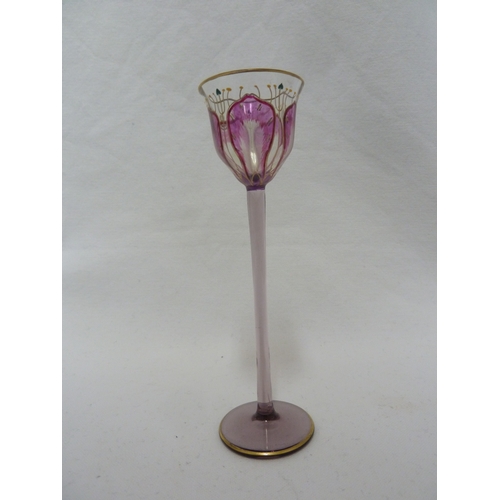 68 - A Continental Art Nouveau liqueur glass, finely enamelled in purple/pink to resemble an open crocus ... 