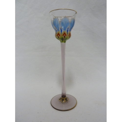 69 - A Continental Art Nouveau liqueur glass, finely enamelled in polychrome colours to resemble a flower... 