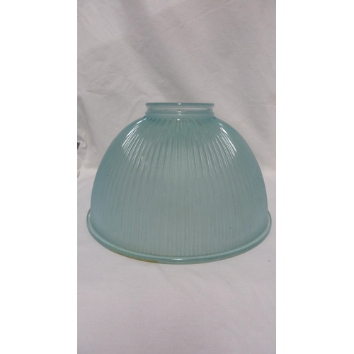 200 - A blue Holophane QE 300 industrial glass light shade, the ribbed body of pale blue glass, 29cm diam