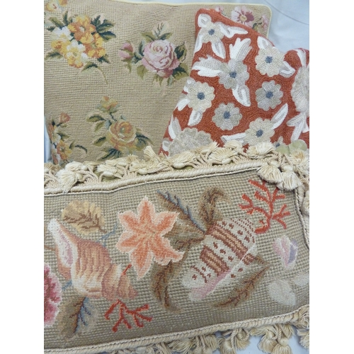 Three tapestry and chain stitch cushions, comprising a rectangular