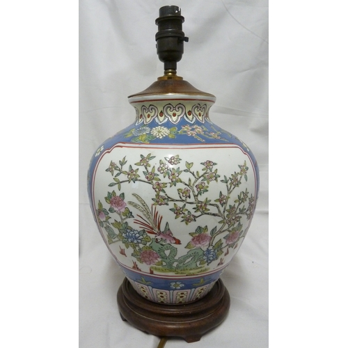 83 - A Chinese porcelain lamp base, modern, decorated in famille rose tones with Chinese pheasants amid f... 