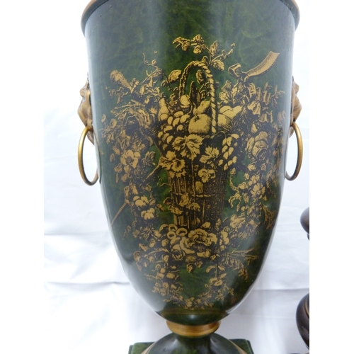 86 - A reproduction tole ware lamp, of vase form decorated with a basket of floral garlands on a marbled ... 