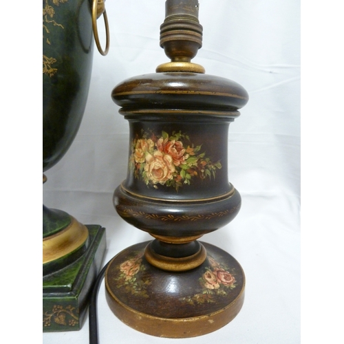 86 - A reproduction tole ware lamp, of vase form decorated with a basket of floral garlands on a marbled ... 