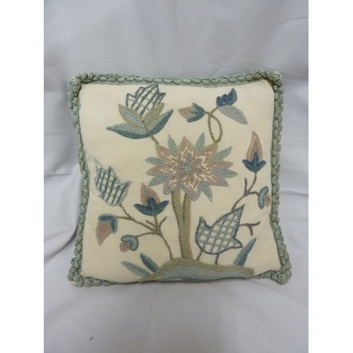 106 - Two vintage chain stitch cushions of blue and green tones, worked with designs of flowering branches... 