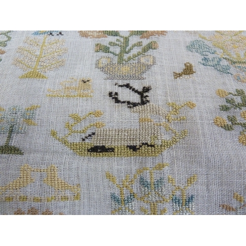 115 - A part late 18th century sampler, dated 1794, worked with designs of birds, pot plants trees and pea... 