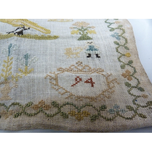 115 - A part late 18th century sampler, dated 1794, worked with designs of birds, pot plants trees and pea... 