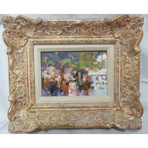 129 - Ken Moroney - Market Day, oil on paper board, framed, 27 x 30 cm inc. approx. ** and a receipt dated... 