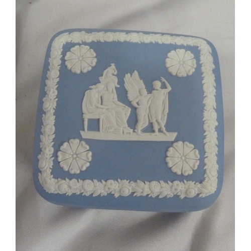 131 - Wedgwood Jasper - comprising; loving cup; a rounded square box and cover; a bombe shaped box and cov... 