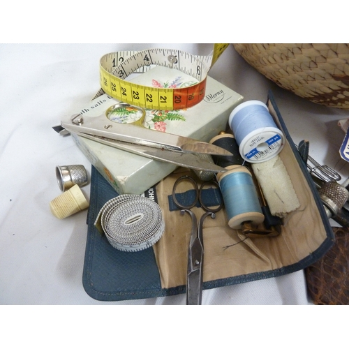 132 - Sewing requisites - including thimbles and scissors, needle cases, buttons and many threads within a... 