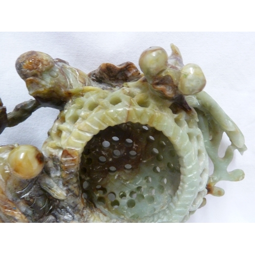 149 - A large Chinese jade carving of telescope gold fish with fan tails, weed, coral and a lobster pot, t... 