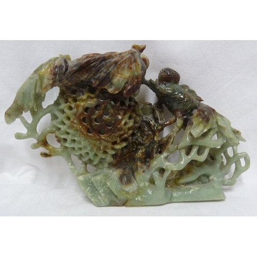 149 - A large Chinese jade carving of telescope gold fish with fan tails, weed, coral and a lobster pot, t... 