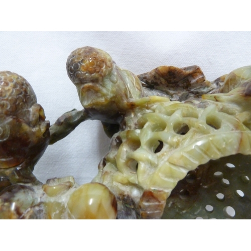 149 - A large Chinese jade carving of telescope gold fish with fan tails, weed, coral and a lobster pot, t... 