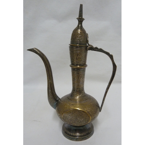 172 - Two brass rose water sprinklers; a small silvered brass coffee pot decorated with flowering sprays a... 