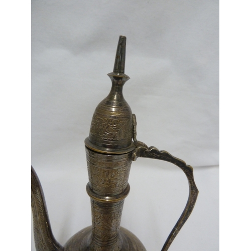 172 - Two brass rose water sprinklers; a small silvered brass coffee pot decorated with flowering sprays a... 