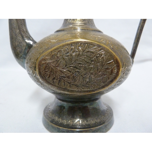 172 - Two brass rose water sprinklers; a small silvered brass coffee pot decorated with flowering sprays a... 