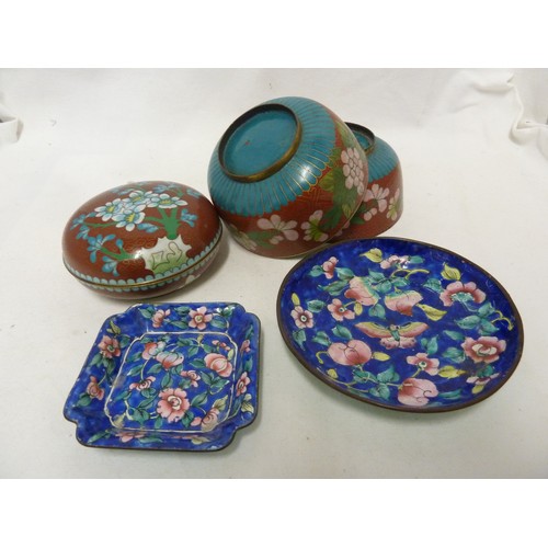 28 - Two Chinese Canton enamel dishes, on circular; and one canted square, decorated in famille rose pale... 