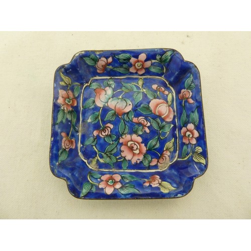 28 - Two Chinese Canton enamel dishes, on circular; and one canted square, decorated in famille rose pale... 