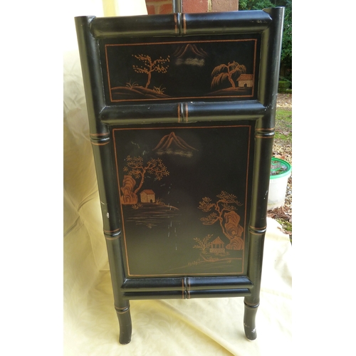 20 - A Black lacquer Chinoiserie decorated side cabinet, of a single drawer over a single cupboard door, ... 