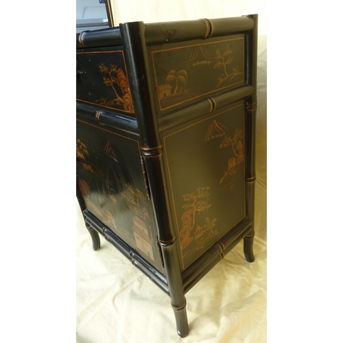 20 - A Black lacquer Chinoiserie decorated side cabinet, of a single drawer over a single cupboard door, ... 