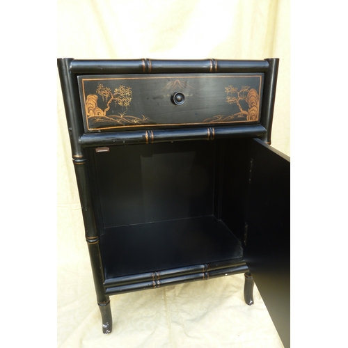 20 - A Black lacquer Chinoiserie decorated side cabinet, of a single drawer over a single cupboard door, ... 