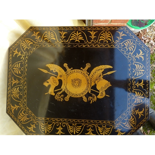 22 - A pair of black lacquer occasional tables, decorated with gilded neoclassical motifs, 76 cm high. (2... 