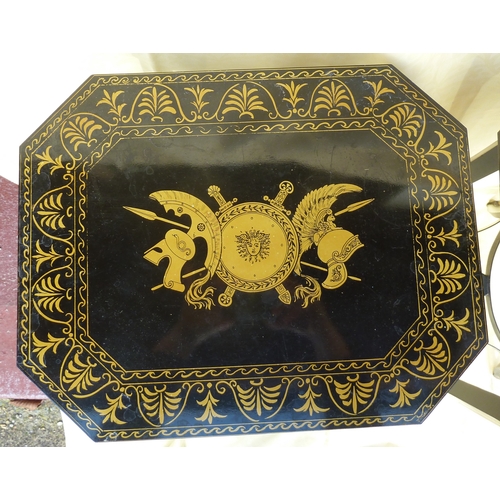 22 - A pair of black lacquer occasional tables, decorated with gilded neoclassical motifs, 76 cm high. (2... 