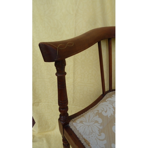 24 - An Edwardian corner chair, with inlaid back rail and arms, pale cream brocade upholstered set, 72cm