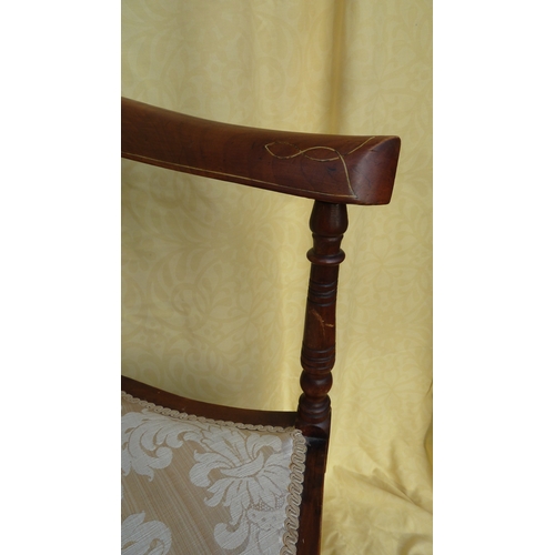 24 - An Edwardian corner chair, with inlaid back rail and arms, pale cream brocade upholstered set, 72cm