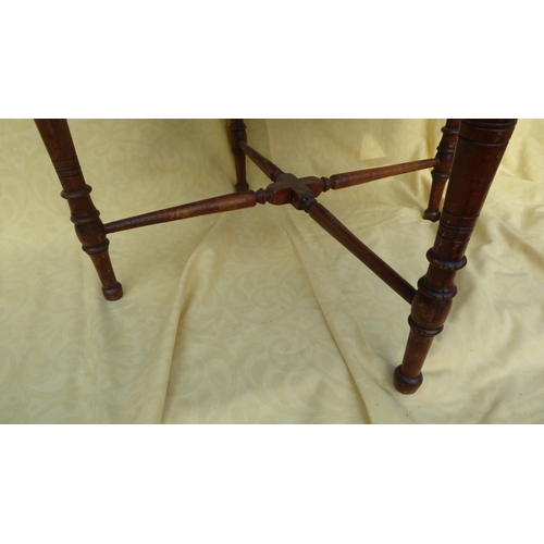 24 - An Edwardian corner chair, with inlaid back rail and arms, pale cream brocade upholstered set, 72cm