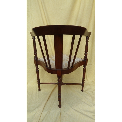 24 - An Edwardian corner chair, with inlaid back rail and arms, pale cream brocade upholstered set, 72cm