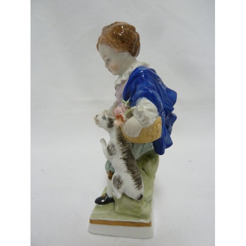 38 - Three Sitzendorf type porcelain figures, modelled as a young boy with a dog; a gallant gardener with... 