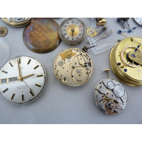 14 - Restorers Box - a quantity of pocket watch and wrist watch parts, movements, including a dark blue e... 