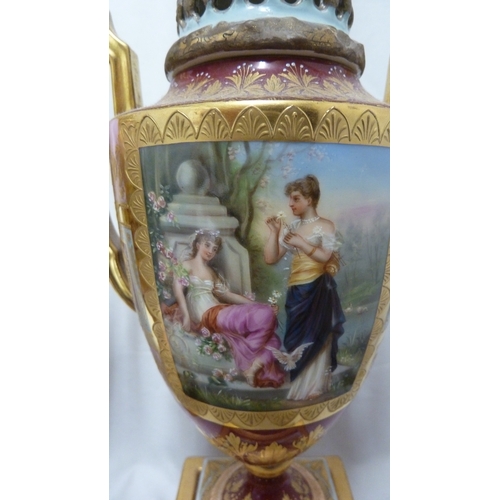 53 - A Pair of Continental Porcelain 'Vienna' vases and covers, decorated with reserves of Classical maid... 