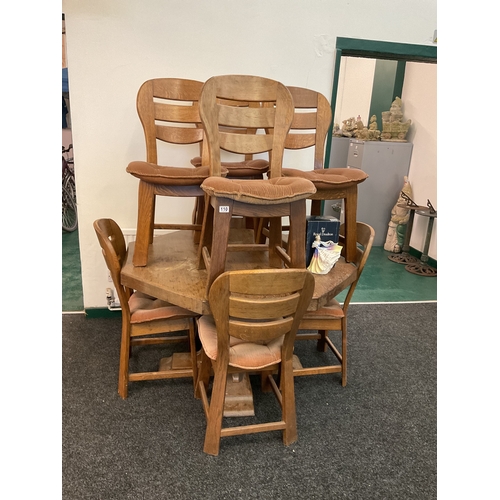 110 - Hexagonal retro solid oak dining table, with 8 oak chairs