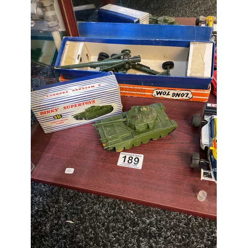 189 - Boxed Dinky tank, Creslent artillery gun