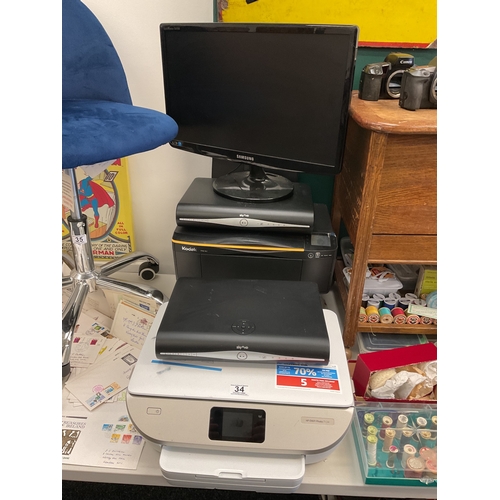 34 - HP printer, sky boxes, Samsung monitor, etc