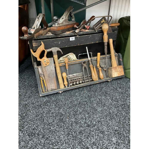 14 - Vintage tool chest and vintage tools, planes, vintage chisels, bolster bits and other