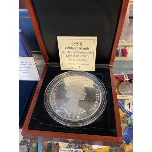 1998 Falkland Island Queen Elizabeth The Queen Mother Lady of the Century 1KG Silver five-pound coin