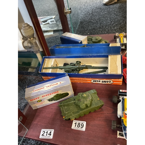 214 - Boxed Dinky tank, Creslent artillery gun