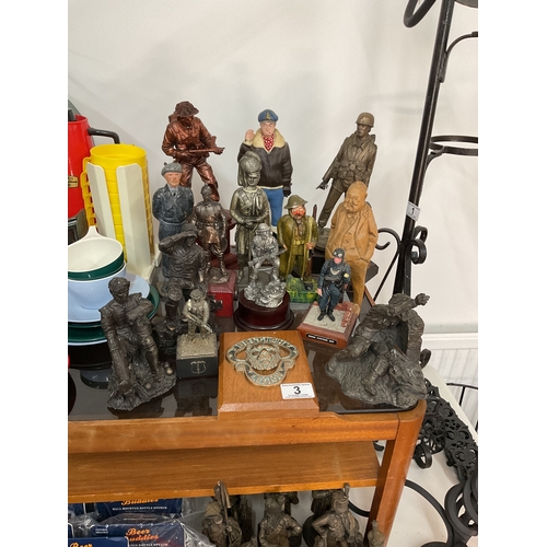 3 - Assorted soldier figurines, carved Winston Churchill and other.