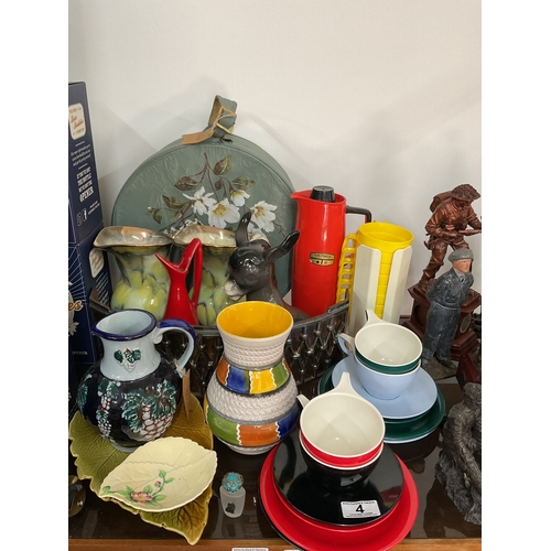 4 - Assorted retro saucers, west German vases, retro hat box, and other items