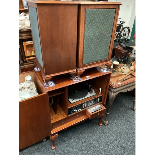 54 - Burr walnut Dinatron gold ring lenco GL 78 cabinet record player, tape player and speakers