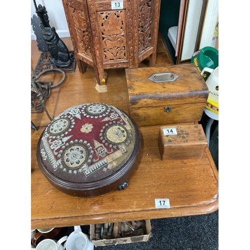 14 - Victorian upholstered stool, writing box and inlaid card box