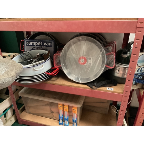 110 - Quantity paella pans, camping accessories etc